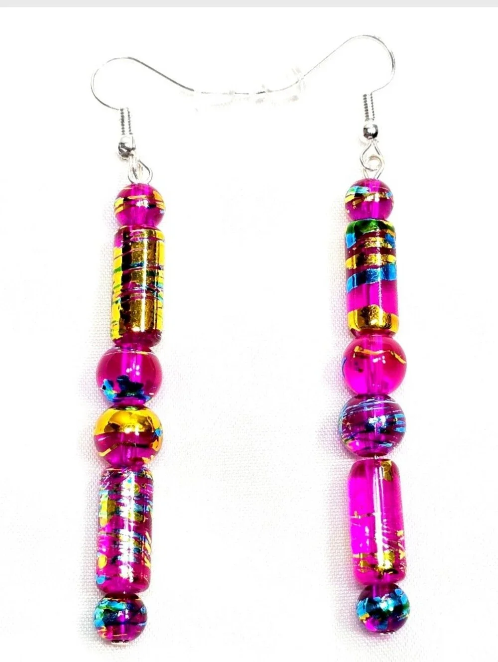 Vibrant Pink Handpainted Murano Glass Drop Earrings with Multicolor Foil Accents